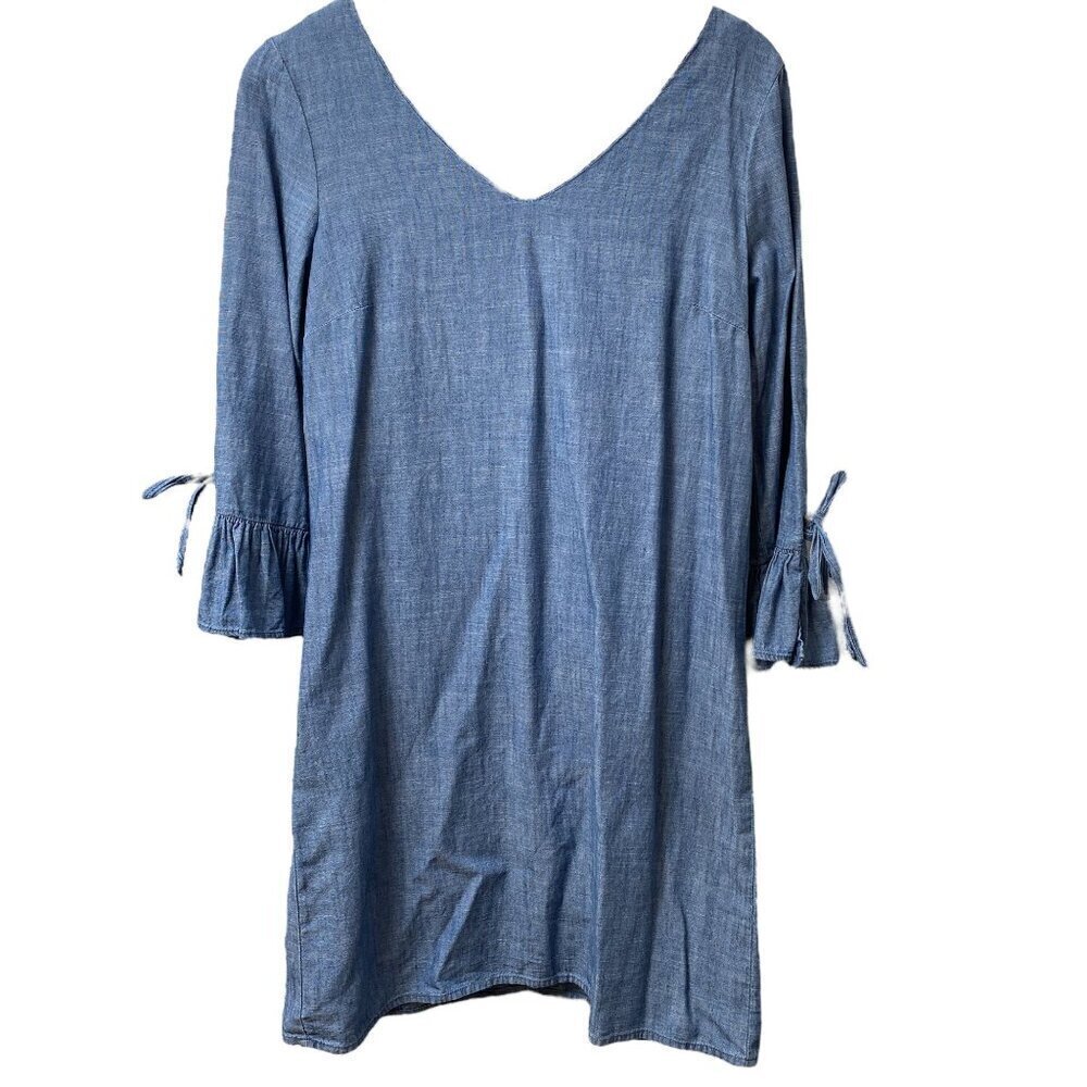 J. CREW Denim Dress Blue Chambray 3/4 Tie Sleeves Casual Western Mini